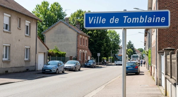Photographie réaliste d'une signalétique routière ou panneau d'entrée de commune affichant "Tomblaine", situé en agglomération nancéienne. Le panneau doit être clairement visible et lisible, avec en arrière-plan un environnement urbain ou périurbain typique de la région (petits bâtiments résidentiels, rues calmes, commerces locaux). Prise de jour en conditions d'éclairage naturel, perspective réaliste et professionnelle, montrant une scène distincte des signalétiques Laxou et Maxéville déjà utilisées.